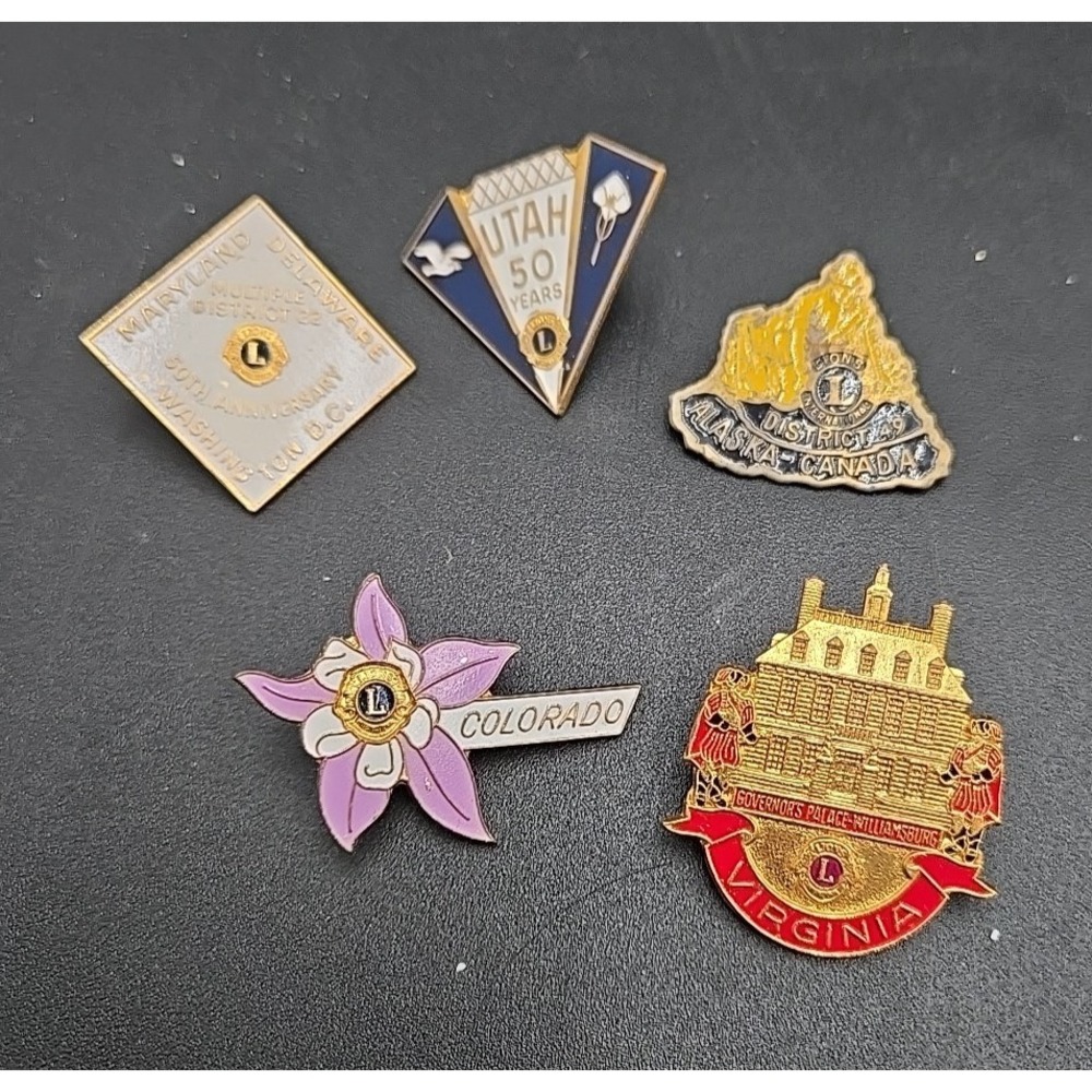 Vtg Lions Club Lot of 5 Pins Colordao Virgina Alaska-Canada Utah #11